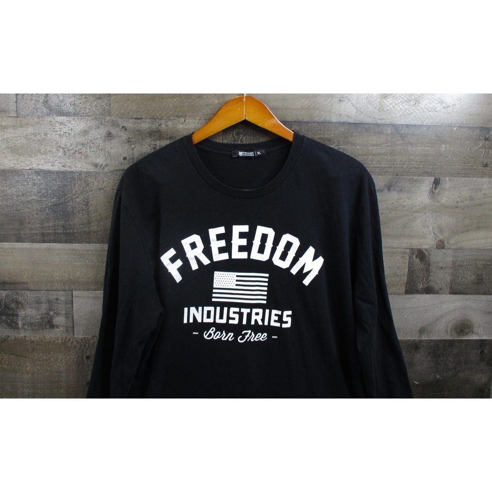 Freedom Industries Shirt Mens XL Black Long Sleeve Born Free Patriotic USA Flag